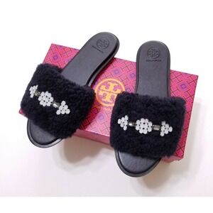 Tory Burch Aspen Crystal Embellished Shearling Slide Sandal Navy Size 9.5 $258